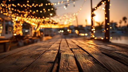 Warm string lights illuminate a wooden pathway overlooking a tranquil waterfront setting at dusk