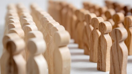 endless staggered rows of wooden model people on white background