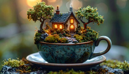 Miniature cottage nestled in a teacup amidst lush greenery, a whimsical scene