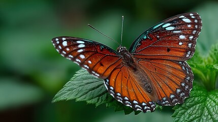Obraz premium Butterfly with orange wings rests on a green leaf in a natural setting.