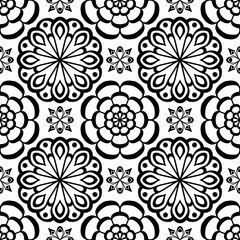 Monochromatic Mandala Seamless Pattern. Symmetrical Black and White Floral Geometric Vector Design for Textiles, Wallpaper, Tiles, or Ethnic Decorative and Medallion Backgrounds