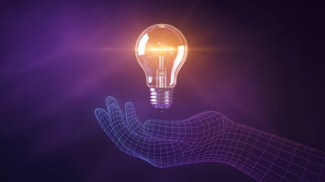 Glowing light bulb above a wireframe hand against a purple and black gradient background scene - Powered by Adobe