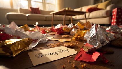 Boxing Day Mess Post Celebration with Chocolate Wrappers and Crumbs
