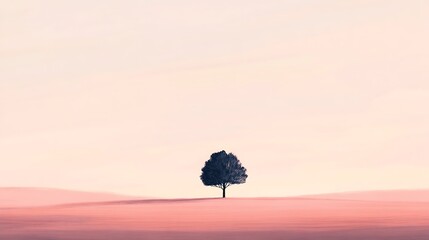 Serene minimalist artwork depicting a single tree on rolling hills beneath a soft pastel sky, perfect for themes of peace, solitude, and hope
