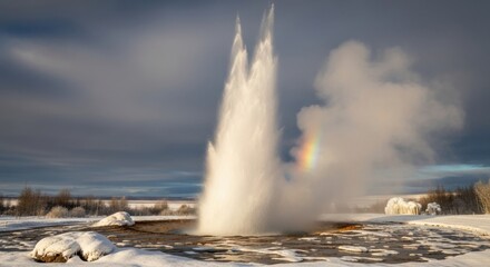 Erupting strokkur geyser with rainbow in snowy icelandic winter landscape.