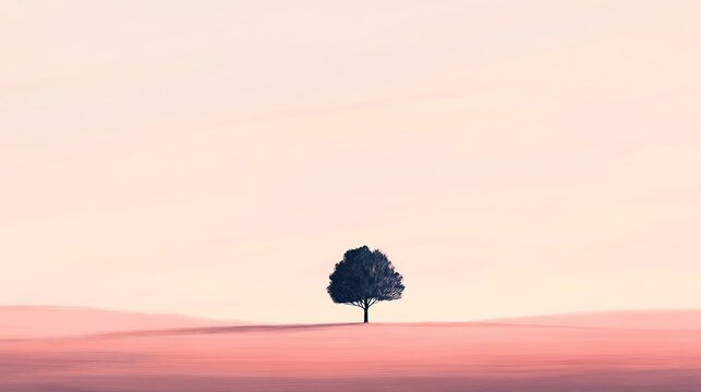 Serene minimalist artwork depicting a single tree on rolling hills beneath a soft pastel sky, perfect for themes of peace, solitude, and hope
