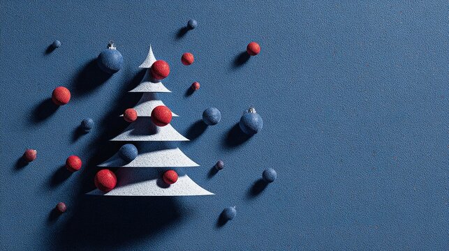 Minimalist paper cutout Christmas tree on blue background with red and navy ornaments, hyper-realistic high-resolution style, perfect for festive designs