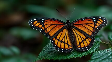 Fototapeta premium Butterfly with orange and black wings resting on a green leaf outdoors.