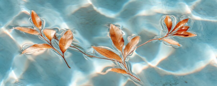 Bronze autumn leaves underwater with rippling light blue surface for background texture, abstract nature pattern, ethereal design element, soft organic motif, decorative water overlay

