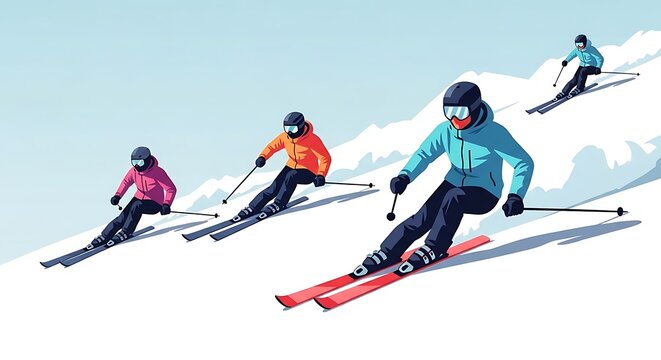 Four skiers in vibrant gear carve down a pristine, snow-covered mountain slope on a clear day. Ideal for winter sports, outdoor adventure, and active lifestyle content.