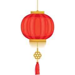 Obraz premium Traditional Red Lantern with Golden Accents and Tassels Suspended Against a White Background Illuminating Festive Ambiance
