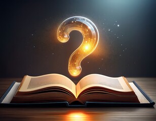 A luminous, sparkling question mark hovers over an open book, symbolizing the quest for knowledge, answers, and profound discovery