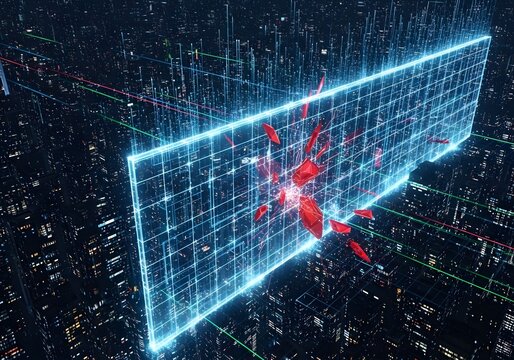 Cyber Security Breach: Digital Grid Shattering Over a Futuristic City Network - Powered by Adobe