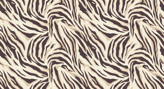 Seamless animal print pattern featuring stylized zebra or tiger stripes in a sophisticated color palette of dark brown and beige for a trendy textile design.