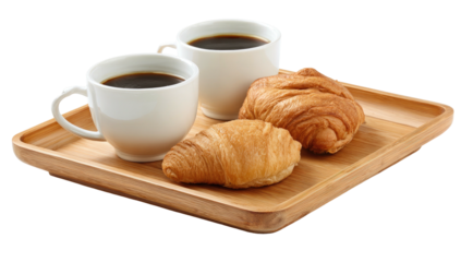 Two coffees, croissants on a wooden tray, breakfast scene