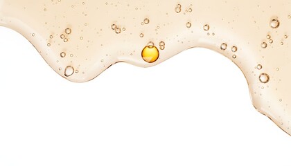 Golden serum texture with bubbles on white background for cosmetic products