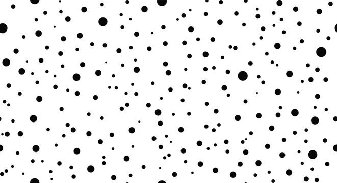 Simple monochrome seamless pattern of randomly scattered black dots in various sizes on a white background, creating a classic and versatile polka dot design.