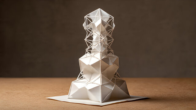 Origami paper fold style showing 5G tower constructed from geometric folded paper with network connections as paper crease lines