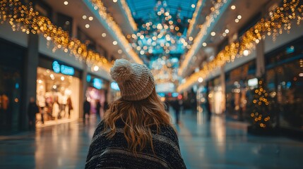 Woman wearing knitted cap observes holiday lights strung across a brightly lit indoor shopping center concourse