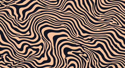 Obraz premium Abstract seamless pattern of wavy, distorted tiger or zebra stripes in a stylish combination of black and peach-pink, creating a fluid animal print texture.
