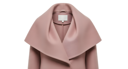 Elegant blush pink wool coat with large collar on black background