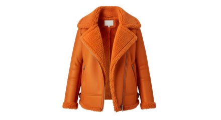 Stylish orange suede jacket with fur lining on black background