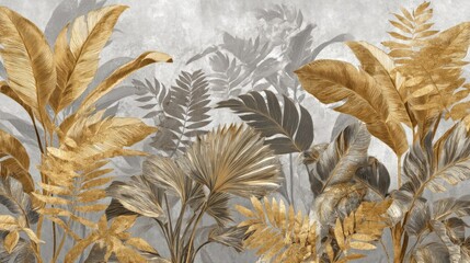 A gold and silver tropical plant mural with a gray concrete background.