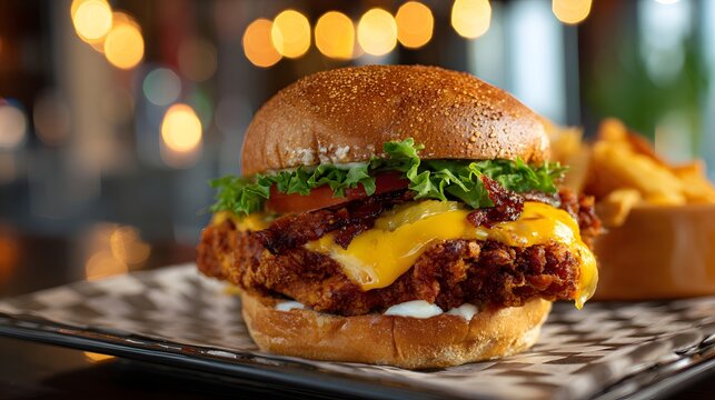 Crispy fried chicken sandwich topped with melted cheese and bacon rests on a patterned paper beside french fries