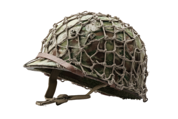 Camo helmet with net, worn leather strap