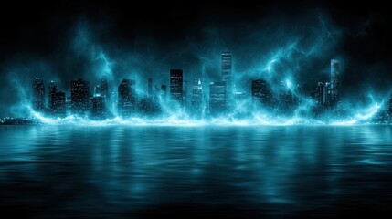 Naklejka premium Mystical Blue Neon Cityscape Reflected in Calm Waters at Night