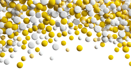 Yellow and white pills cascade against black background