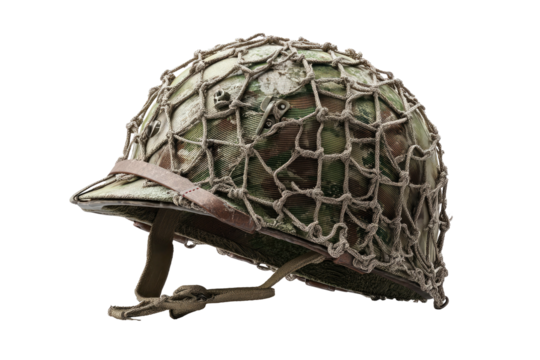 Camo helmet with net, worn leather strap