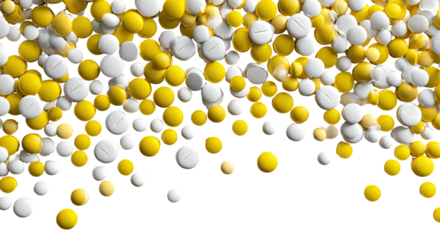 Yellow and white pills cascade against black background