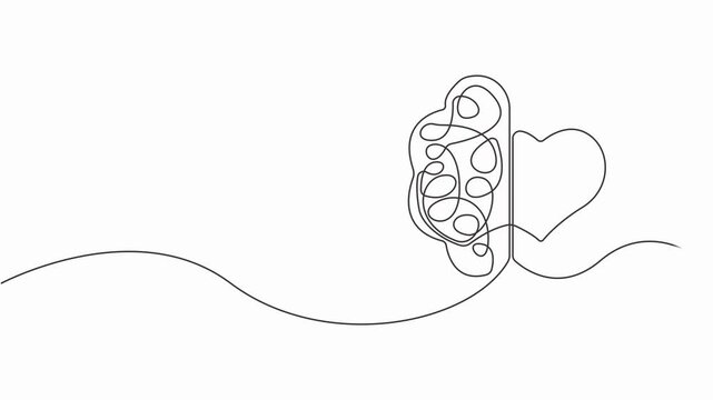 human brain half love heart shaped logo icon. Psychological affection logotype symbol template concept. Full length single line animation. Full length animation, motion graphic.