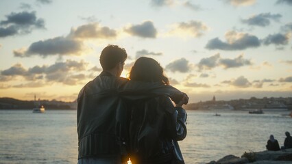 Couple Embracing at Sunset by the Water