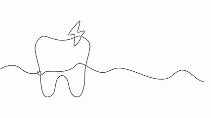 Animation of single one line drawing a tooth by lightning bolts. Dental health. National Toothache Day. Continuous line self drawing animated. Full length motion graphic video.
