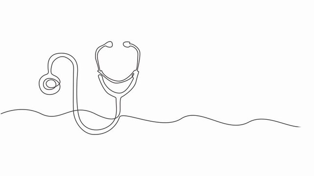 Animated self drawing of continuous line draw stethoscope equipment for doctor examining patient heart beat condition, Full-length single-line animation, 4k video.