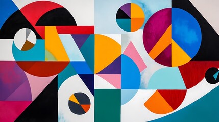 Vibrant abstract geometric background featuring a modern collage of colorful shapes, circles, triangles, and pie chart elements. Ideal for contemporary design