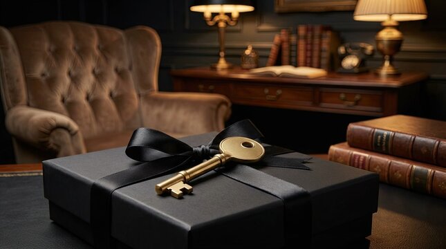 Golden key on a black gift box on a dark leather desk - Powered by Adobe