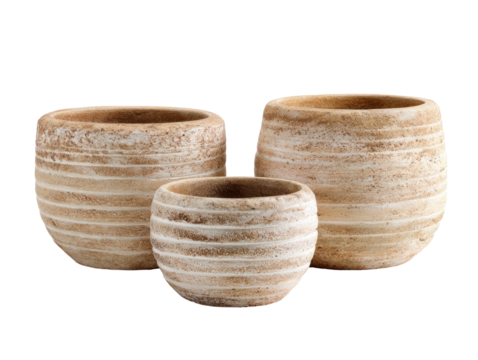 Three neutral, textured, banded ceramic planters