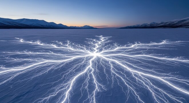 Electrifying cracked ice pattern on a vast frozen lake under twilight sky