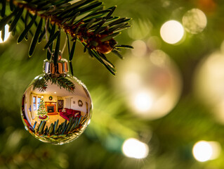 Christmas tree ornament reflecting a cozy living room scene holiday celebration