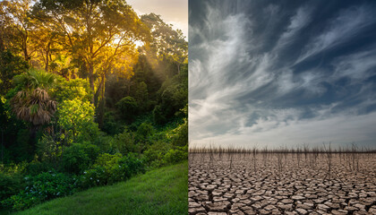 A striking contrasting landscape showing the boundary between lush green forest and dry barren land, highlighting environmental change, climate impact, and nature conservation themes.
