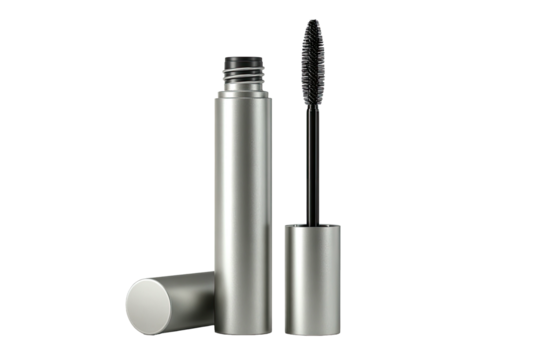 Silver mascara tube, open with applicator