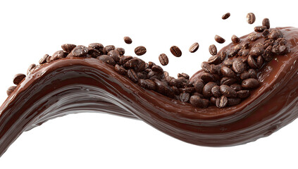 Coffee beans cascade on flowing chocolate swirl