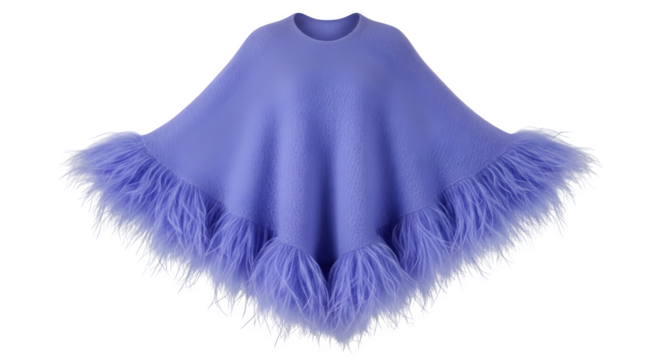 Elegant lavender poncho with feather trim on a black background