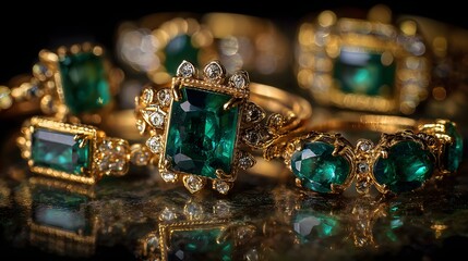 Assortment of ornate gold rings featuring large, deep green gemstones displayed under dramatic lighting
