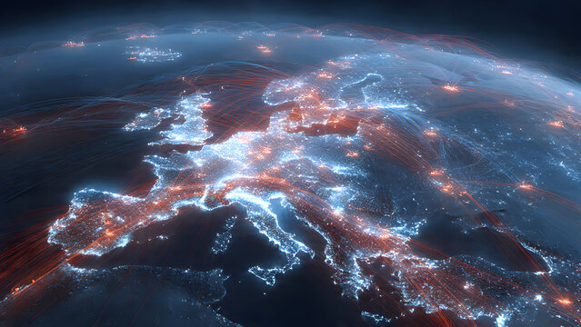 Photorealistic visualization of distributed denial of service attack being mitigated by European CDN network, showing attack traffic being filtered and legitimate traffic flowing through securely