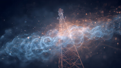 Quantum physics visualization showing 5G tower with particle wave duality effects and probability cloud network connections in abstract space