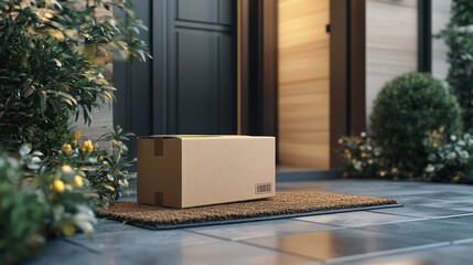 Delivery at home, package on doormat, evening light, suburban house, possible use for shipping or delivery services